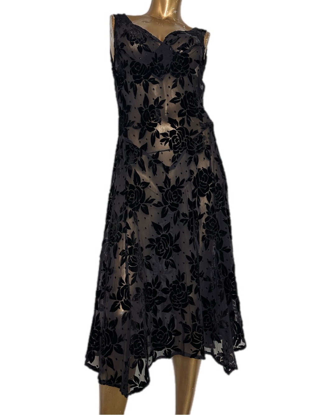 Y2K Robbie Bee Petite Velvet Rose Burnout Midi Dress Asymmetrical Hem Sheer 10P